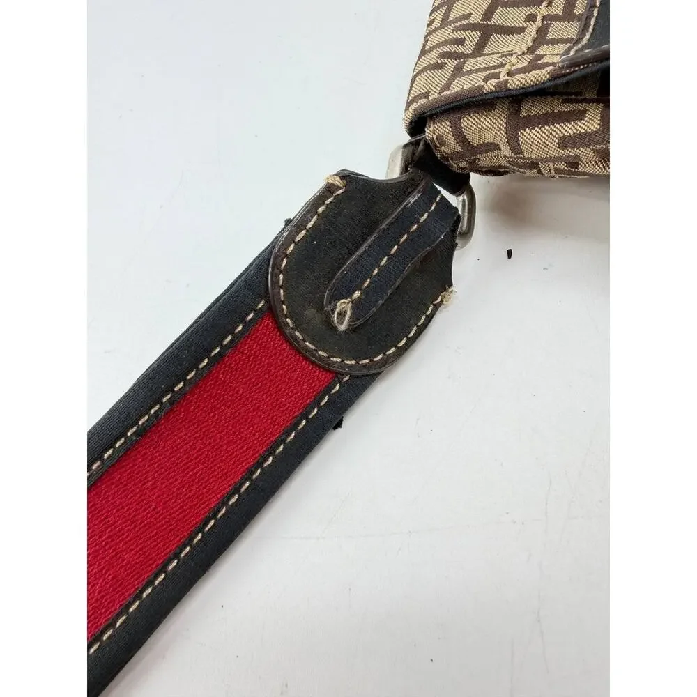 Tommy Hilfiger Monogram Wristlet Clutch Wallet Brown Canvas Red Blue Stripe